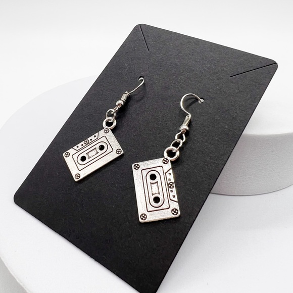 Silver Cassette Tape Earrings - Picture 2 of 6